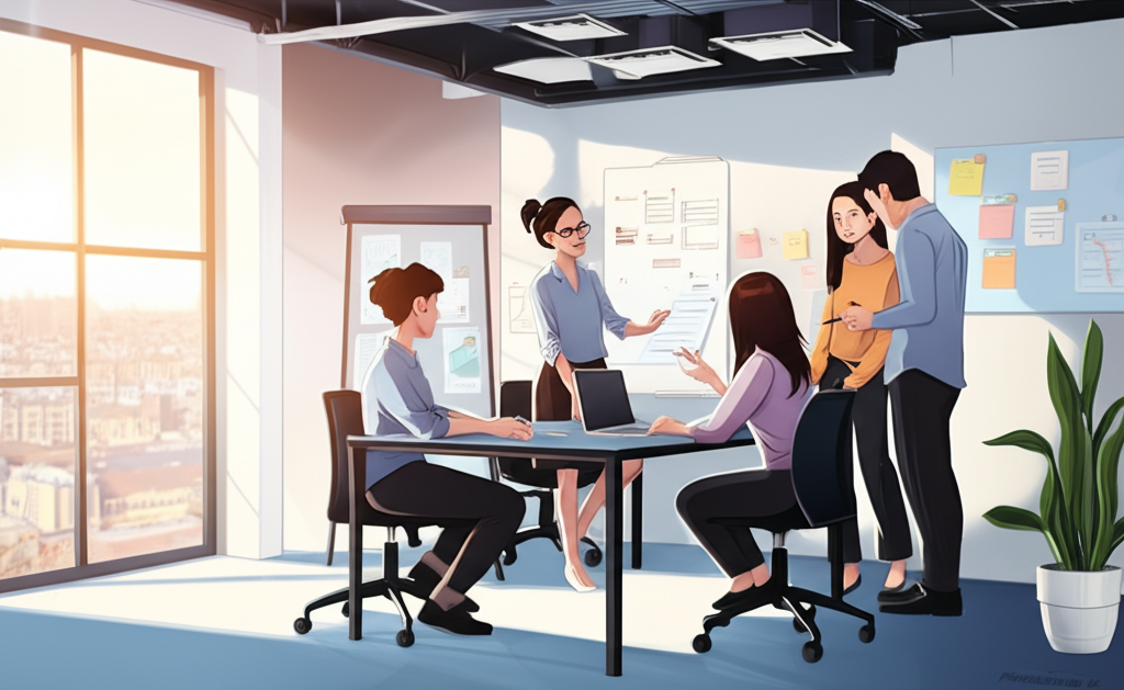 Diverse team collaborating in modern office